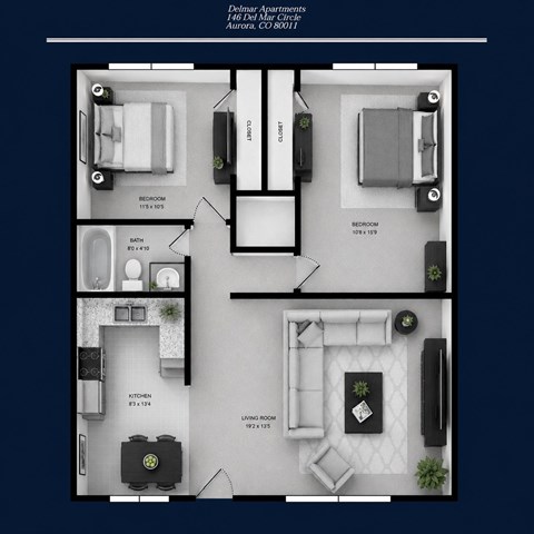 Floor plan for 2 beds, 1 bath, 742 sqft